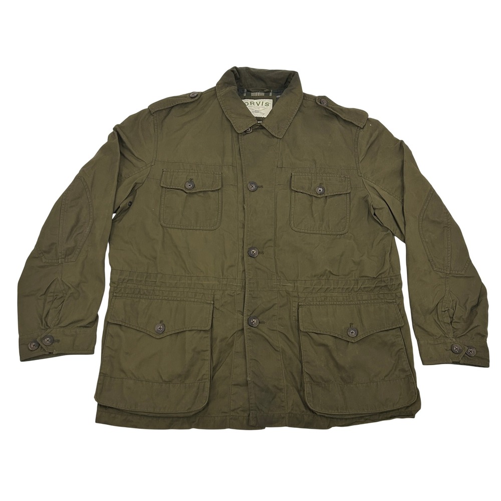 Orvis Field Jacket Men XL Olive Green Safari Military Utility Coat Epaulets